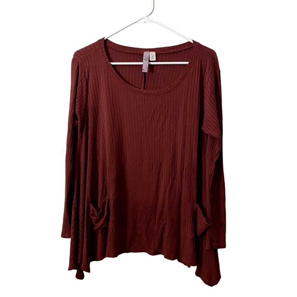 Alya deep coral tunic top long sleeved sweater pockets ribbed knit material